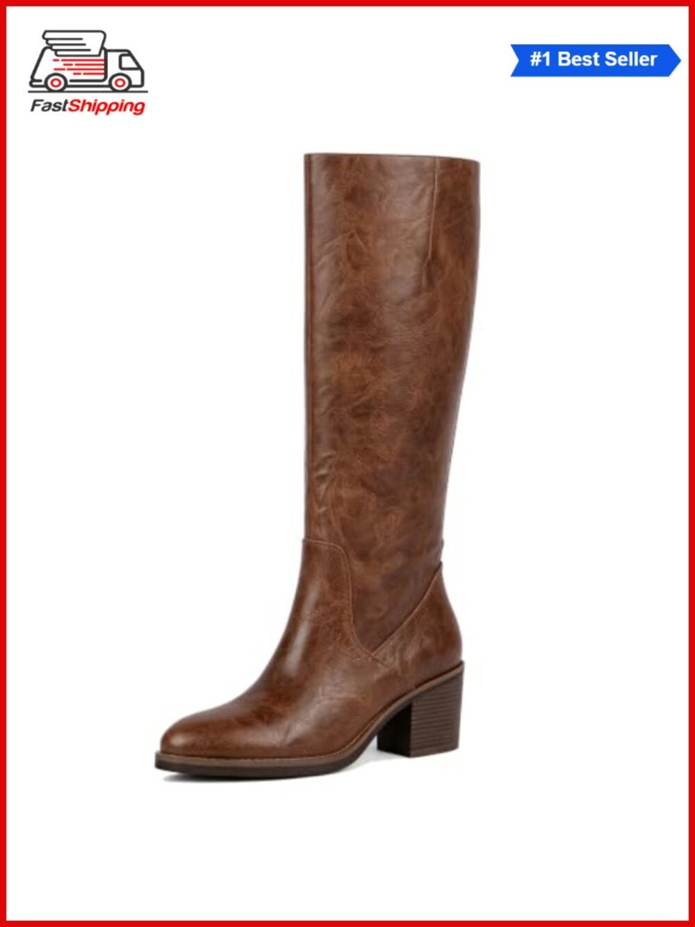 ✨ Knee High Boots Chunky Block Heel Faux Leather Tall Zip Boots